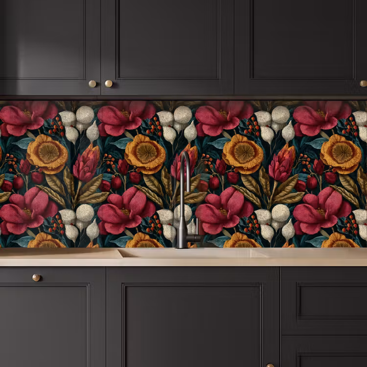 Keuken achterwand - Bloemen - Patroon - Rood - Goud — 6