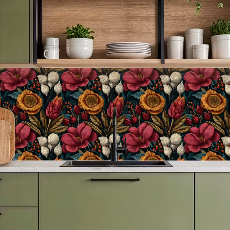Keuken achterwand - Bloemen - Patroon - Rood - Goud — 8
