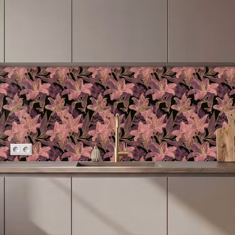 Keuken achterwand - Lelies - Patroon - Paars - Goud — 1