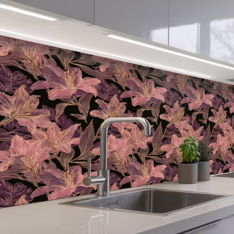 Keuken achterwand - Lelies - Patroon - Paars - Goud — 2