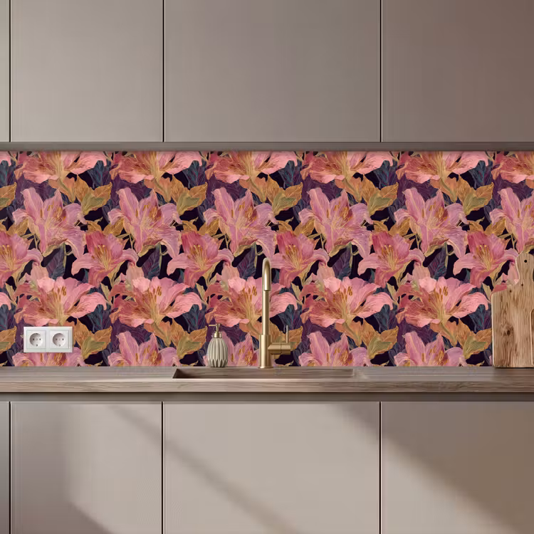 Keuken achterwand - Lelies - Patroon - Roze - Goud — 1