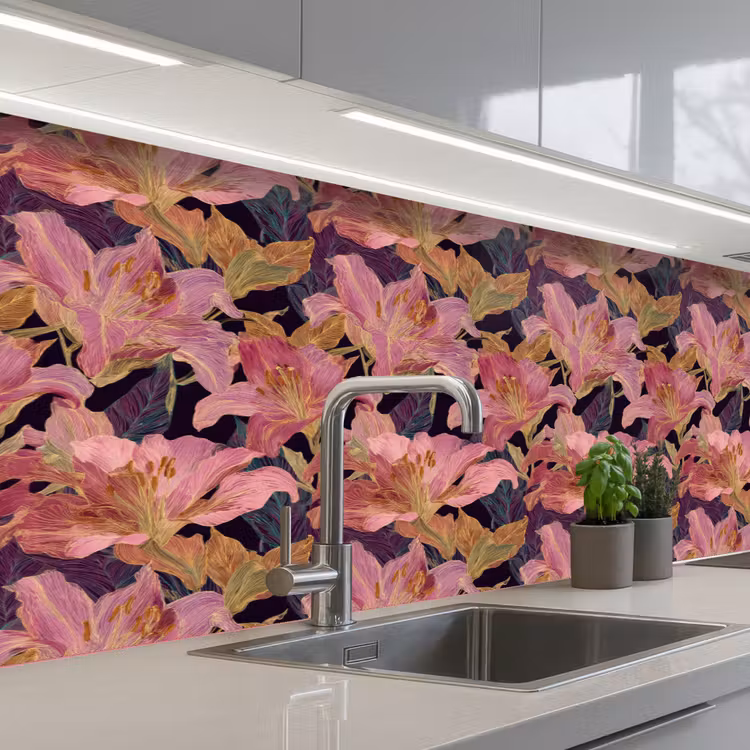 Keuken achterwand - Lelies - Patroon - Roze - Goud — 2