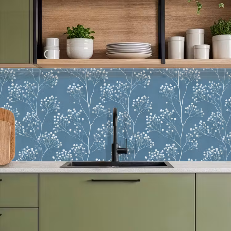 Keuken achterwand - Takken - Bessen - Patroon - Lichtblauw — 8