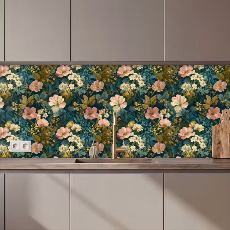 Keuken achterwand - Wilde bloemen - Botanisch - Patroon - Roze - Romantisch — 1