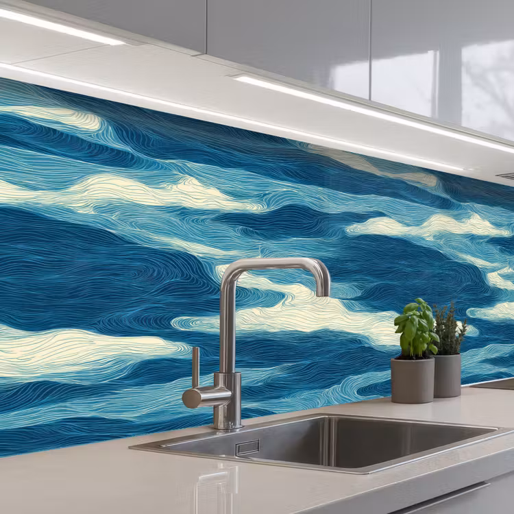 Keuken achterwand - Golven - Abstract - Patroon - Blauw - Wit — 2