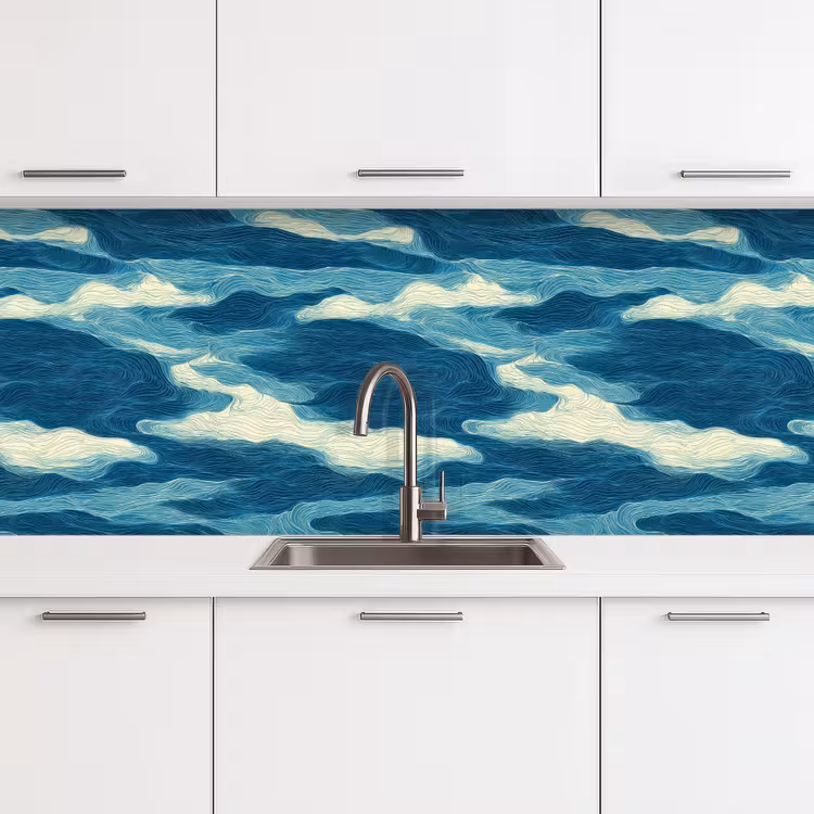 Keuken achterwand - Golven - Abstract - Patroon - Blauw - Wit — 4