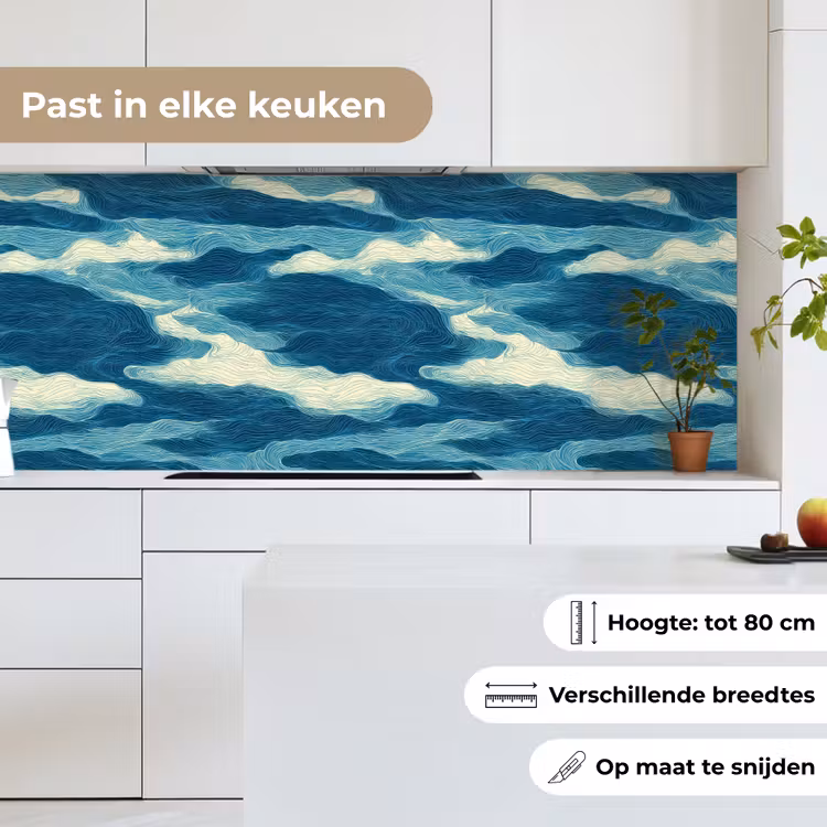 Keuken achterwand - Golven - Abstract - Patroon - Blauw - Wit — 7