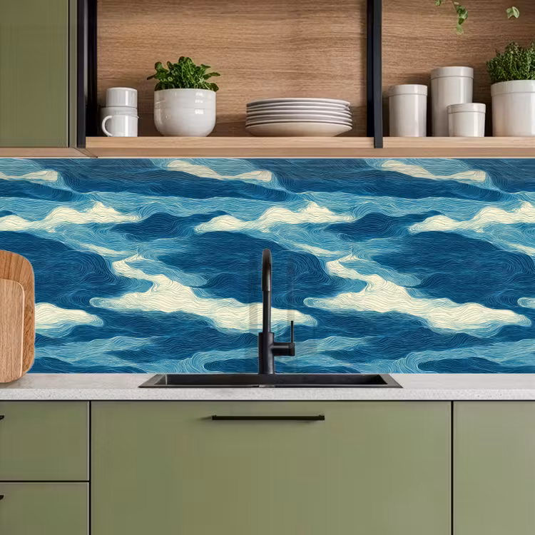 Keuken achterwand - Golven - Abstract - Patroon - Blauw - Wit — 8