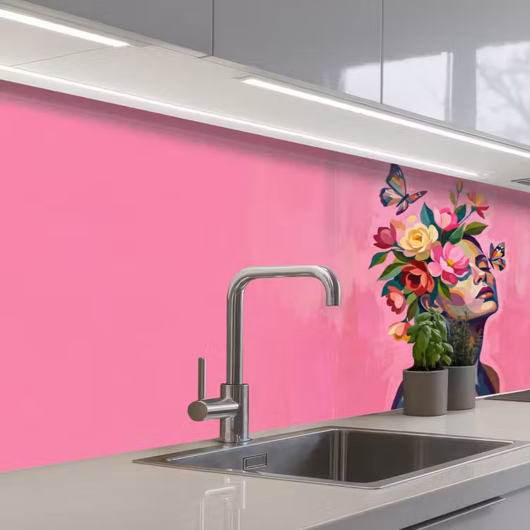 Keuken achterwand - Vrouwengezicht - Vlinders - Kleurrijk — 2