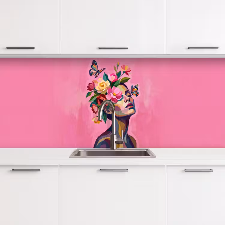 Keuken achterwand - Vrouwengezicht - Vlinders - Kleurrijk — 4