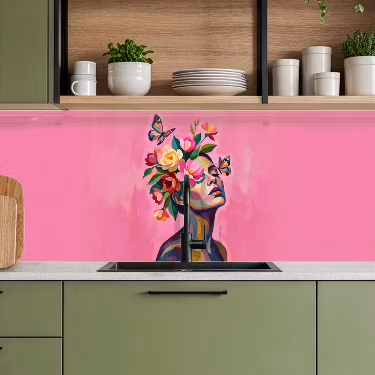 Keuken achterwand - Vrouwengezicht - Vlinders - Kleurrijk — 8