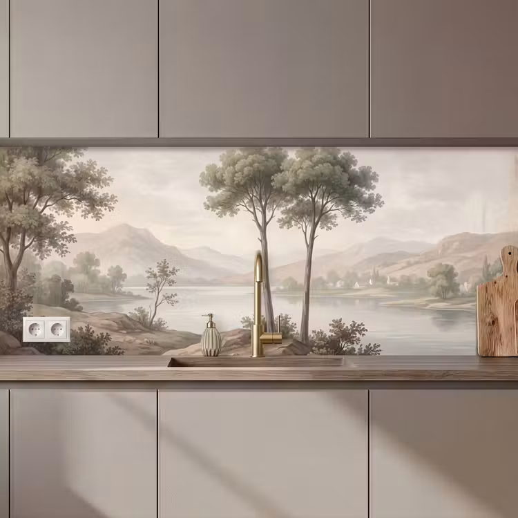 Keuken achterwand - Bomen - Meer - Bergen - Illustratie — 1