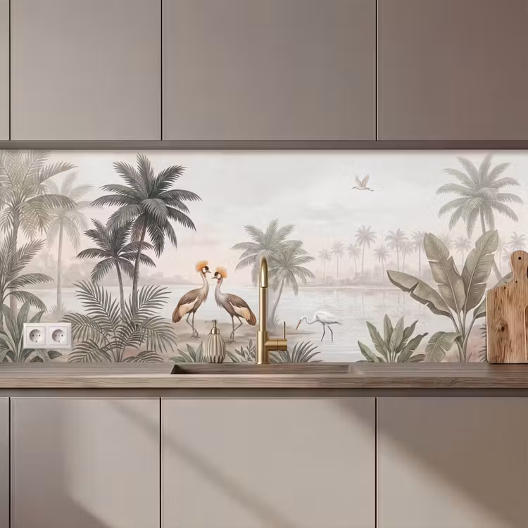 Keuken achterwand - Kraanvogels - Palmbomen - Tropisch — 1