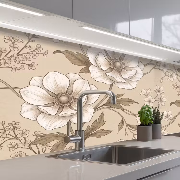 Keuken achterwand - Bloemen - Patroon - Beige — 2