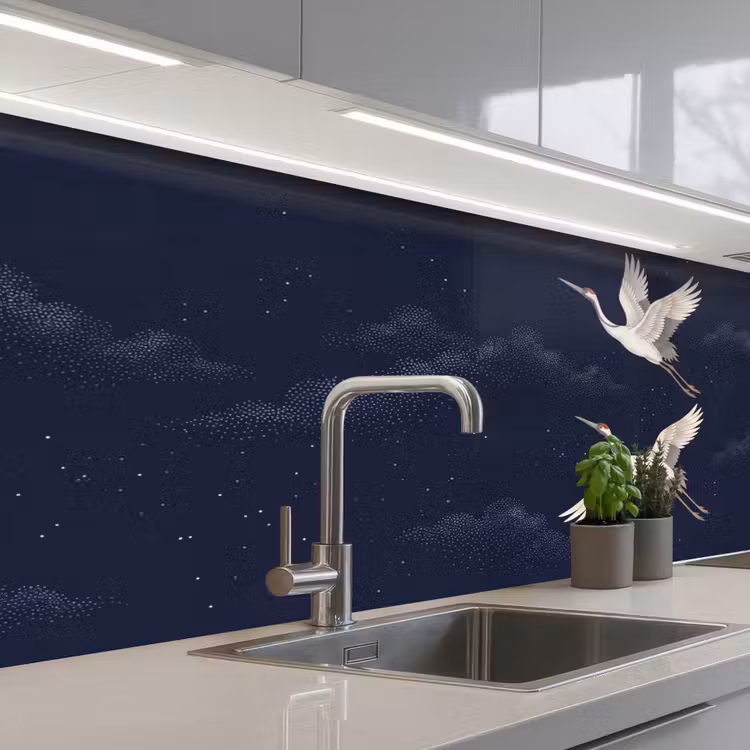 Keuken achterwand - Kraanvogels - Nachthemel - Blauw — 2