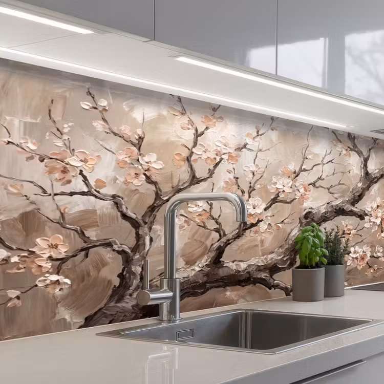 Keuken achterwand - Bloesem - Takken - Schilderij - Beige - Serene — 2