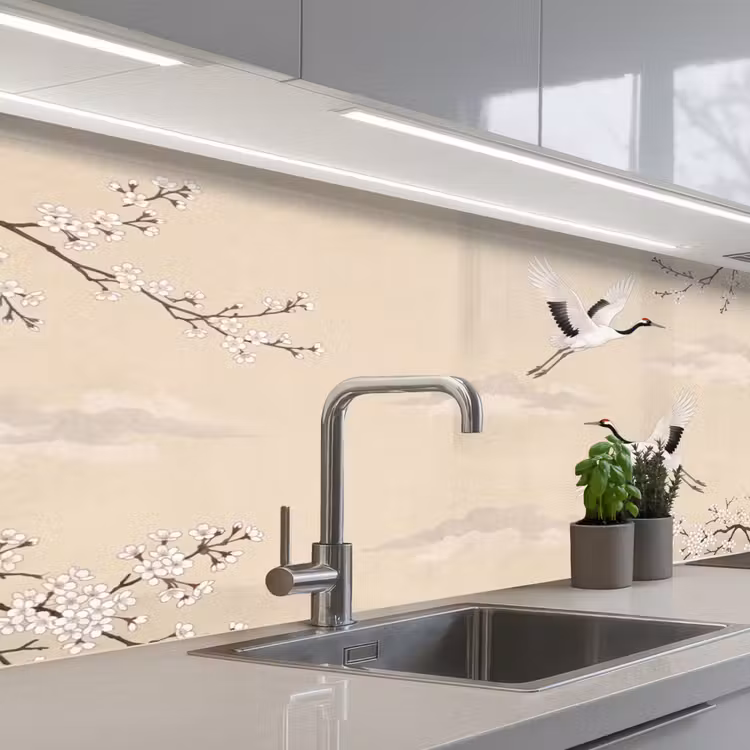 Keuken achterwand - Kraanvogels - Bloesem - Beige — 2