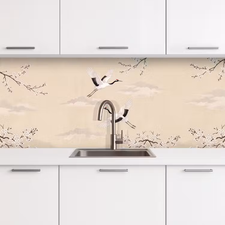 Keuken achterwand - Kraanvogels - Bloesem - Beige — 4