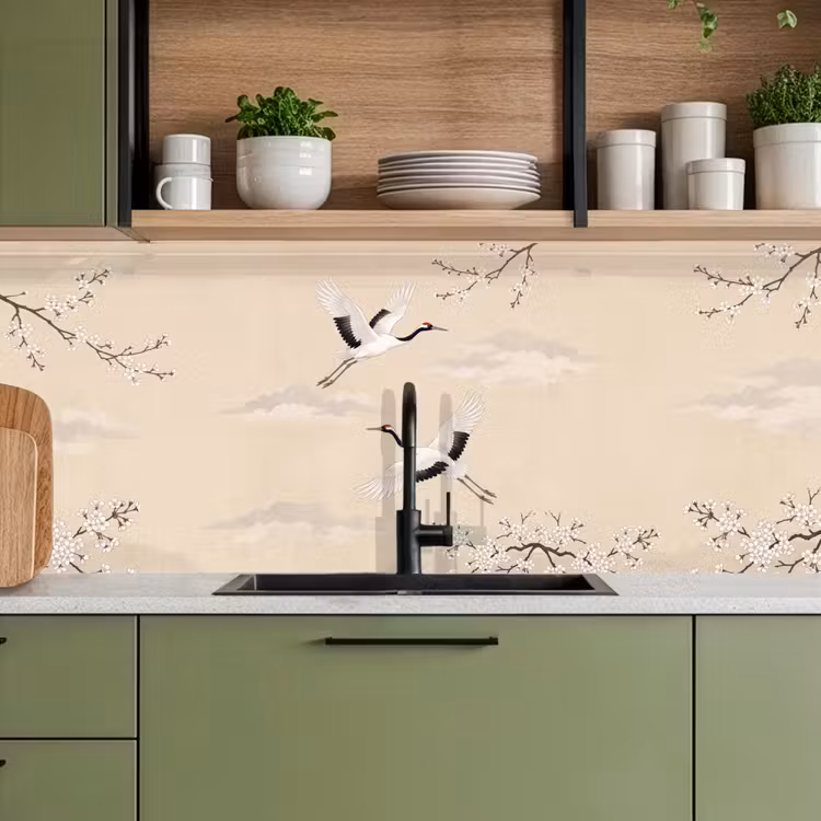 Keuken achterwand - Kraanvogels - Bloesem - Beige — 8