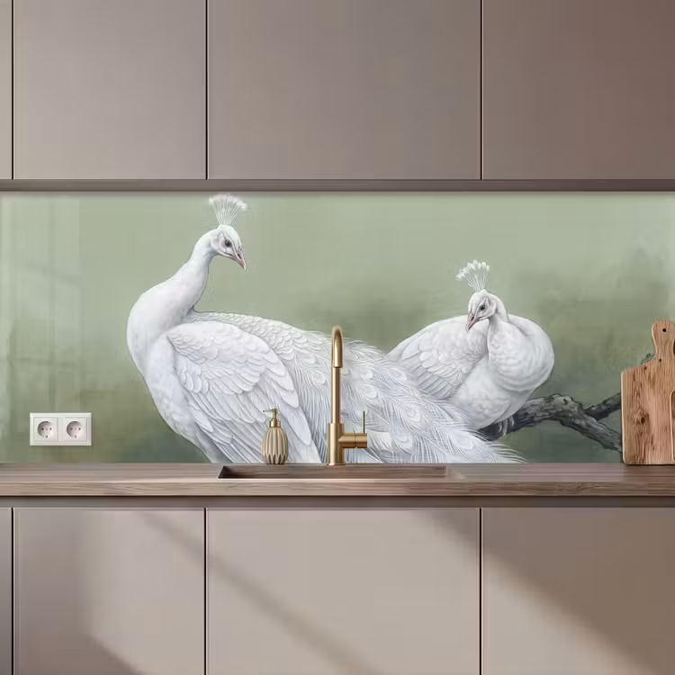 Keuken achterwand - Pauwen - Wit - Natuur - Groen — 1