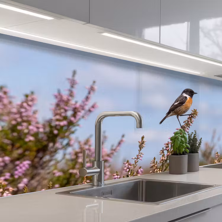 Keuken achterwand - Roodborsttapuit - Heide - Paars - Natuur - Sfeervol — 2