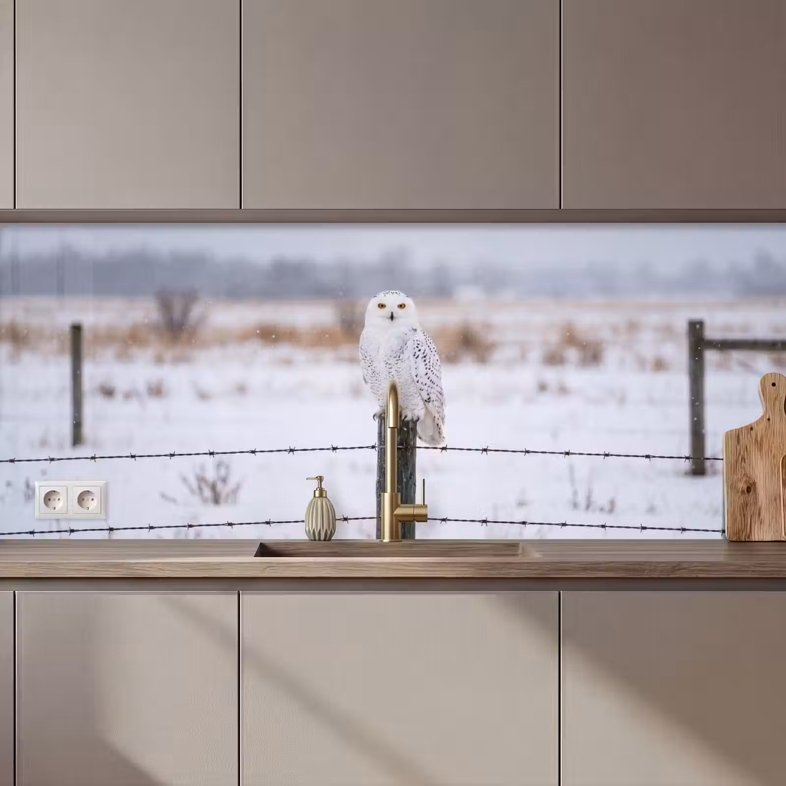 Keuken achterwand - Sneeuwuil - Hek - Sneeuw - Wit — 1