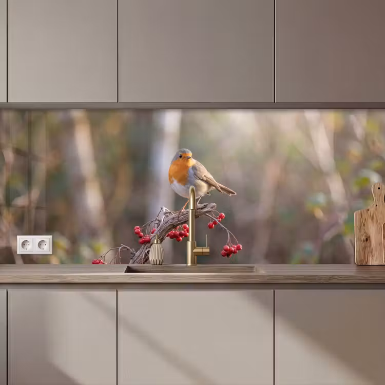 Keuken achterwand - Roodborst - Tak - Bessen - Natuur — 1