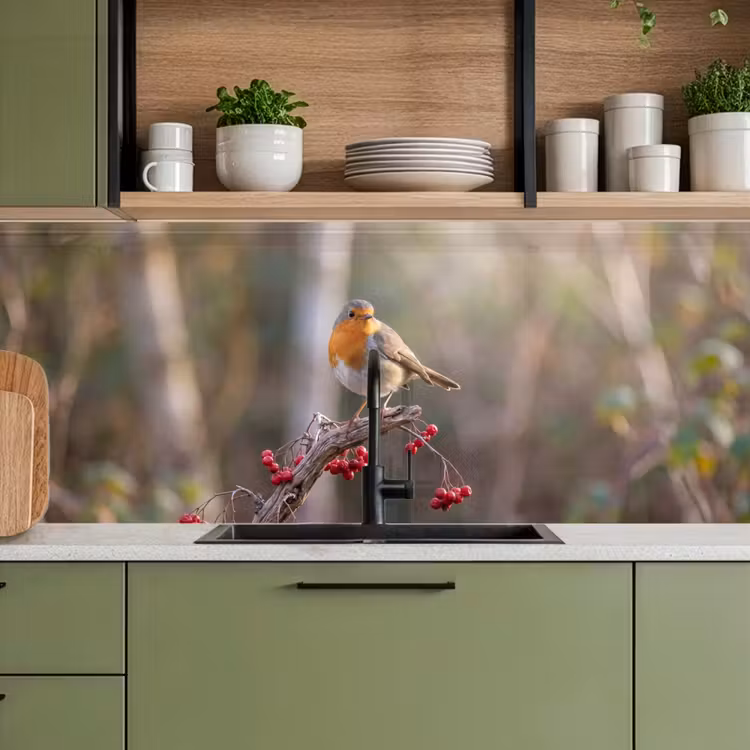 Keuken achterwand - Roodborst - Tak - Bessen - Natuur — 8