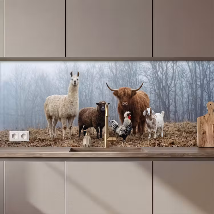 Keuken achterwand - Boerderijdieren - Groep - Mist - Natuur - Rustiek — 1