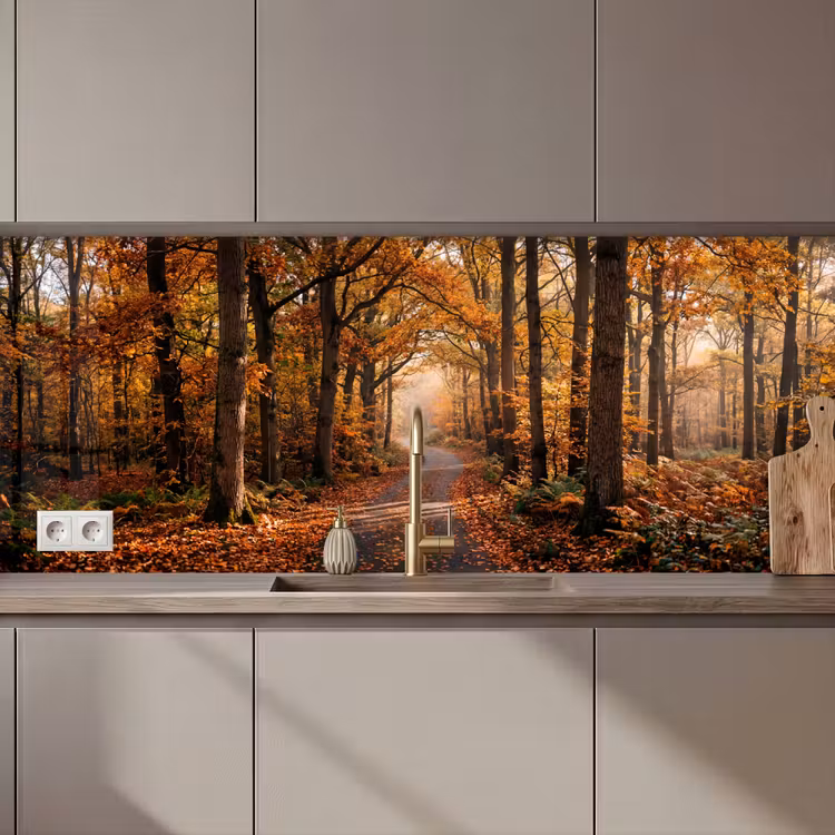 Keuken achterwand - Bospad - Herfstbos - Bladeren - Oranje - Nostalgisch — 1