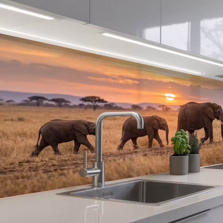Keuken achterwand - Olifanten - Savanne - Zonsondergang - Afrika - Warm — 2