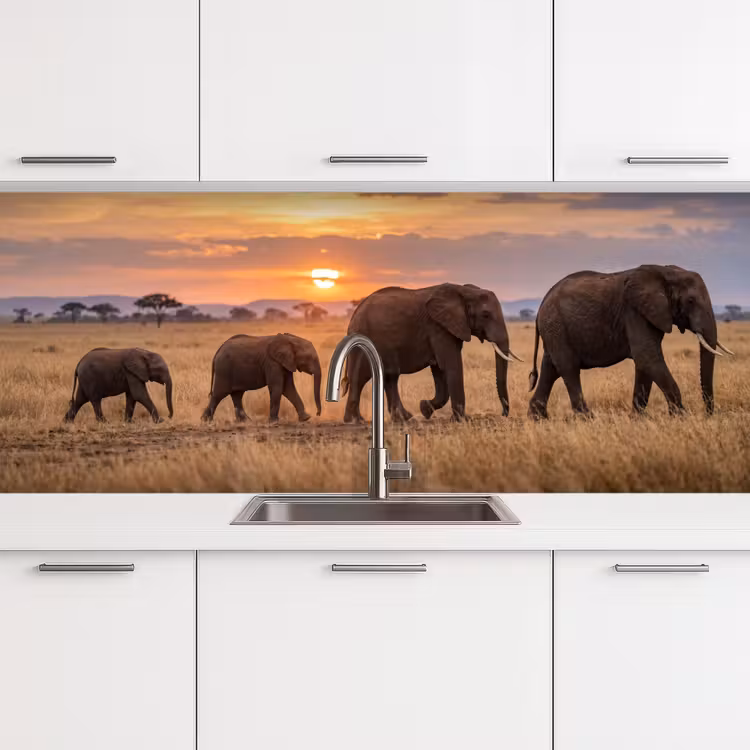 Keuken achterwand - Olifanten - Savanne - Zonsondergang - Afrika - Warm — 4