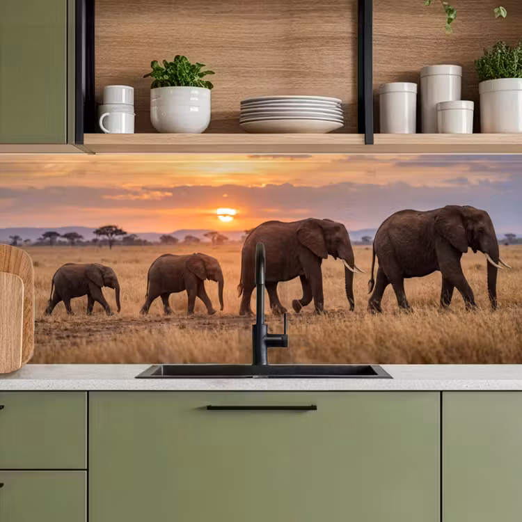 Keuken achterwand - Olifanten - Savanne - Zonsondergang - Afrika - Warm — 8