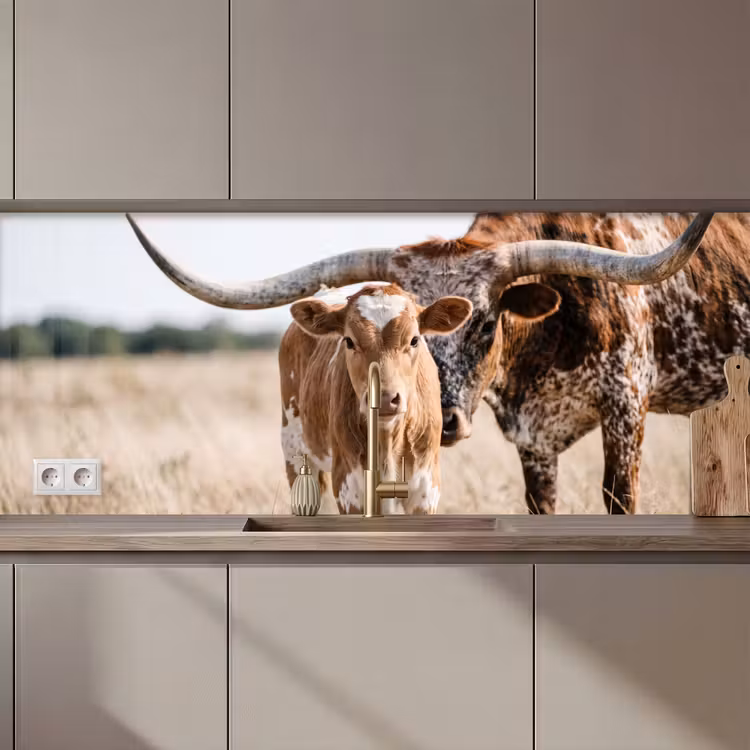 Keuken achterwand - Texas Longhorn - Kalf - Weide - Dieren — 1