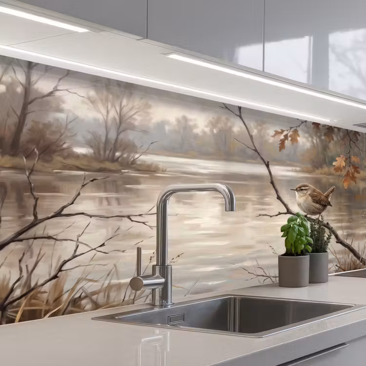 Keuken achterwand - Winterkoninkje - Tak - Rivier - Natuur - Sfeervol — 2