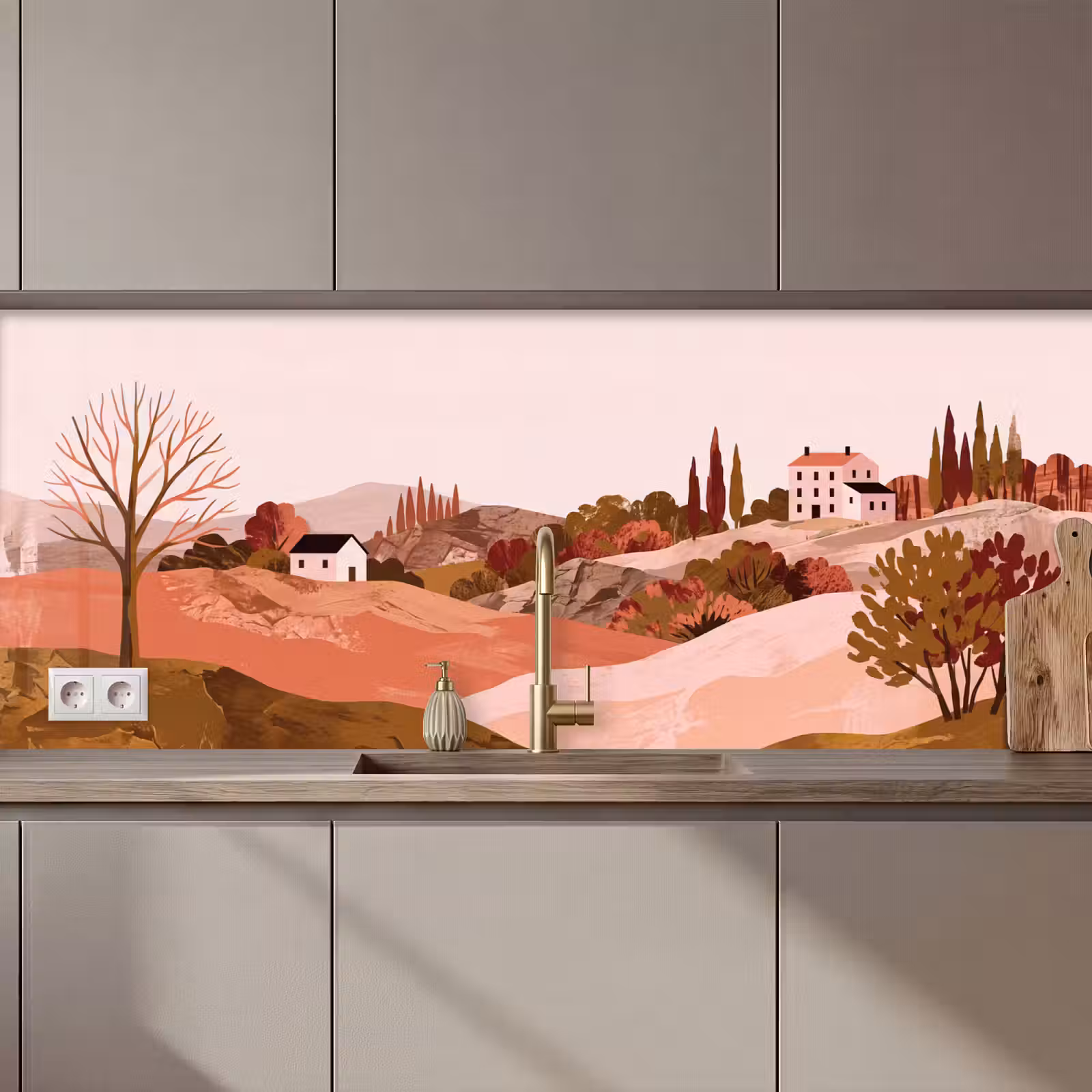 Keuken achterwand - Heuvellandschap - Grafisch - Terracotta — 1