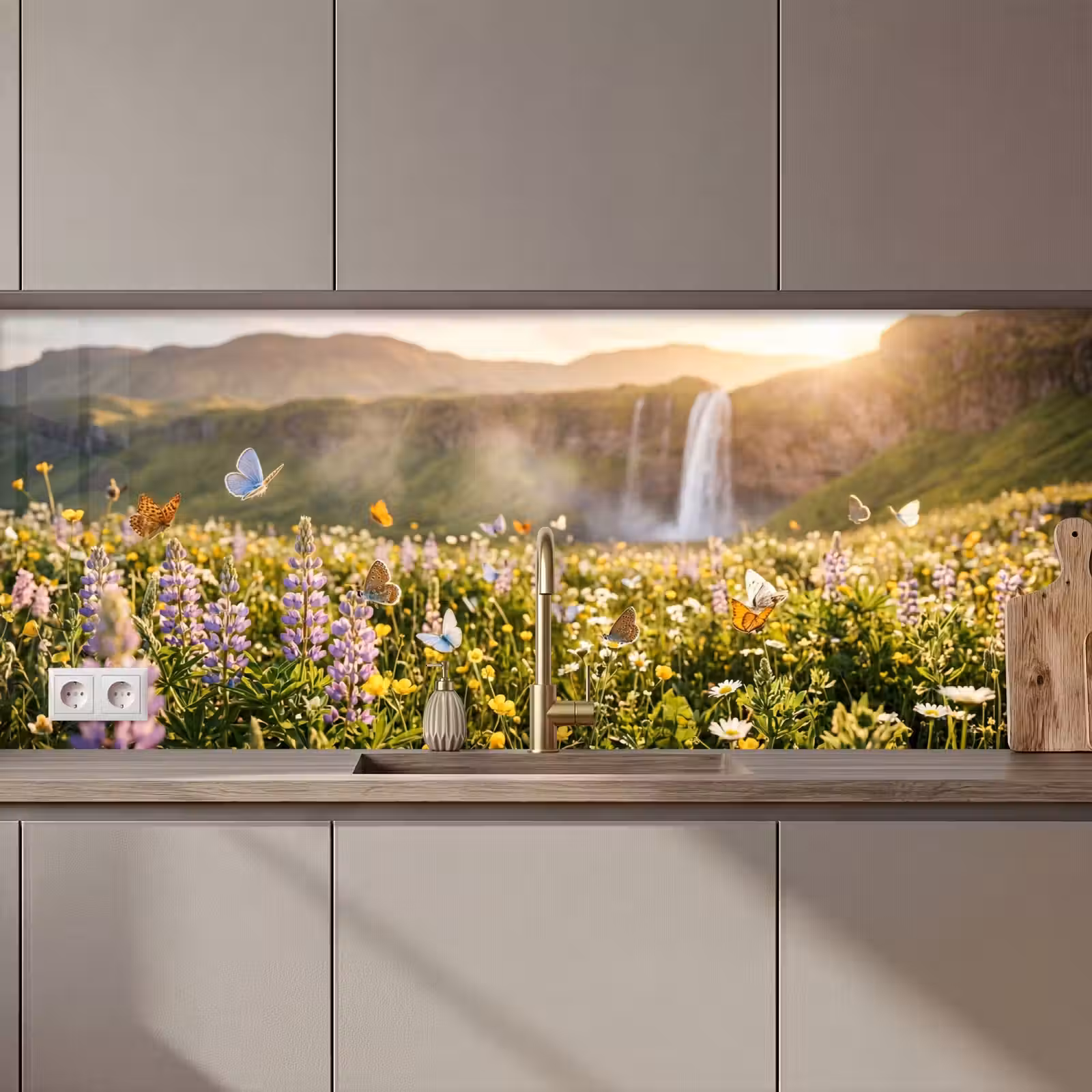 Keuken achterwand - Vlinders - Waterval - Bloemenveld — 1