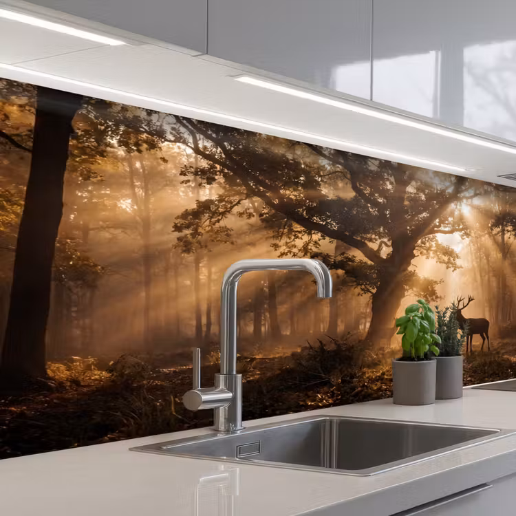 Keuken achterwand - Hert - Bos - Mistig - Natuur - Goud — 2