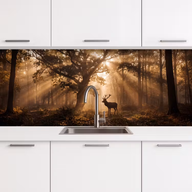 Keuken achterwand - Hert - Bos - Mistig - Natuur - Goud — 4