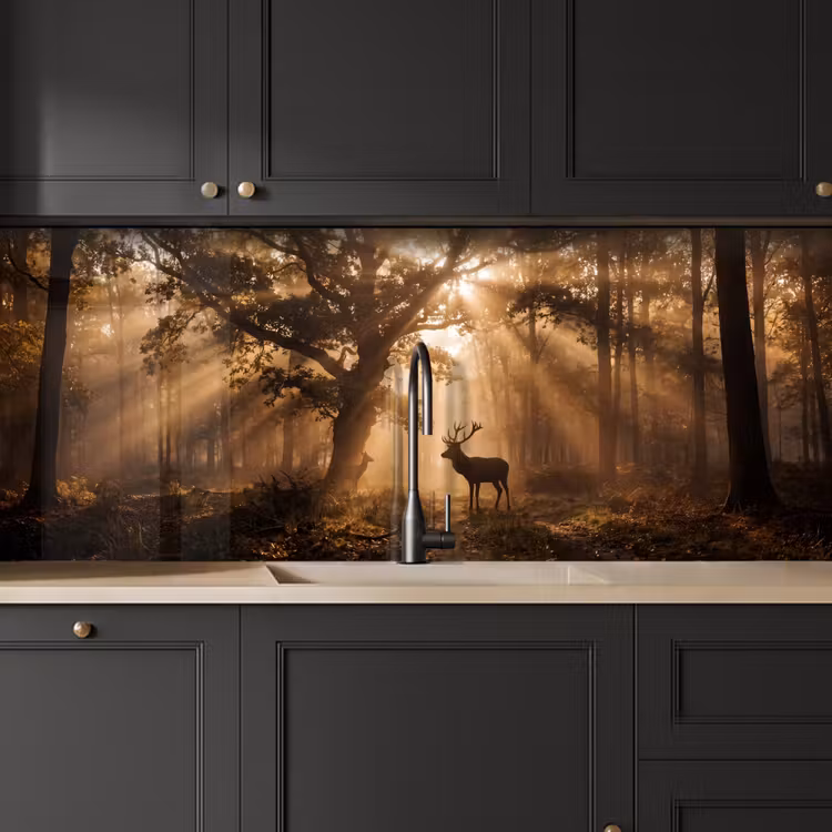 Keuken achterwand - Hert - Bos - Mistig - Natuur - Goud — 6
