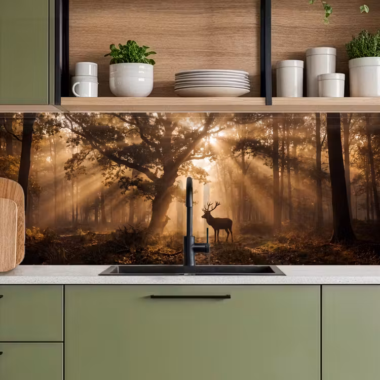 Keuken achterwand - Hert - Bos - Mistig - Natuur - Goud — 8
