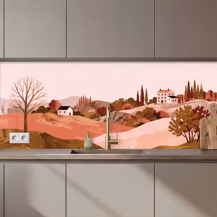Keuken achterwand - Heuvellandschap - Grafisch - Terracotta — 1