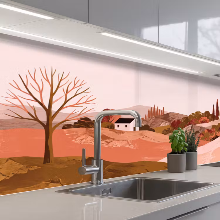 Keuken achterwand - Heuvellandschap - Grafisch - Terracotta — 2