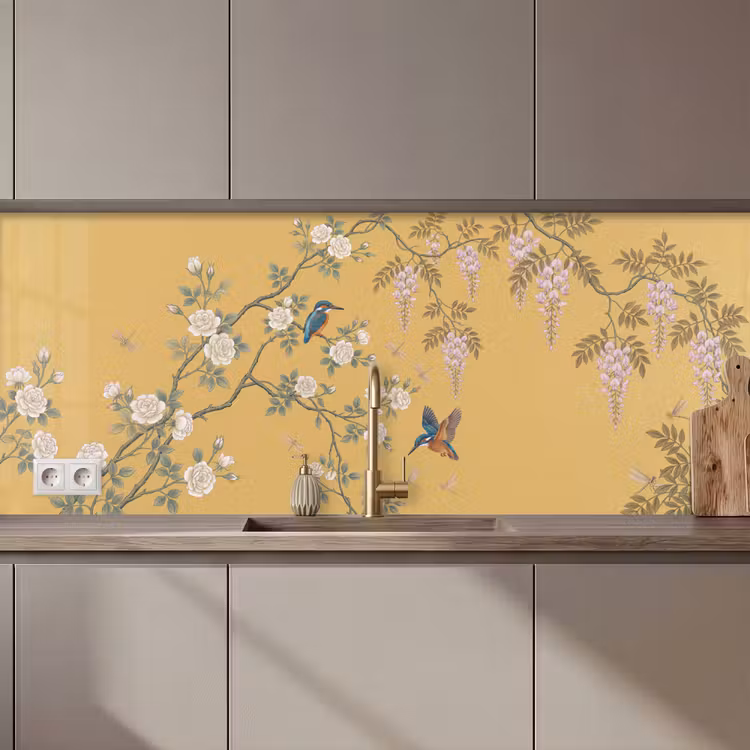 Keuken achterwand - IJsvogels - Bloesem - Geel — 1