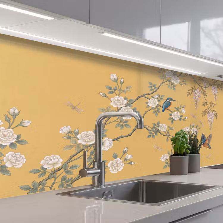 Keuken achterwand - IJsvogels - Bloesem - Geel — 2