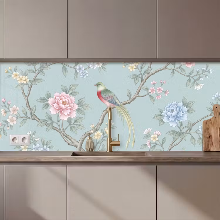Keuken achterwand - Vogel - Bloemen - Kleurrijk — 1