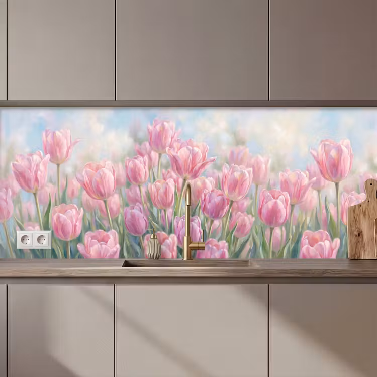 Keuken achterwand - Tulpen - Veld - Lente - Roze — 1