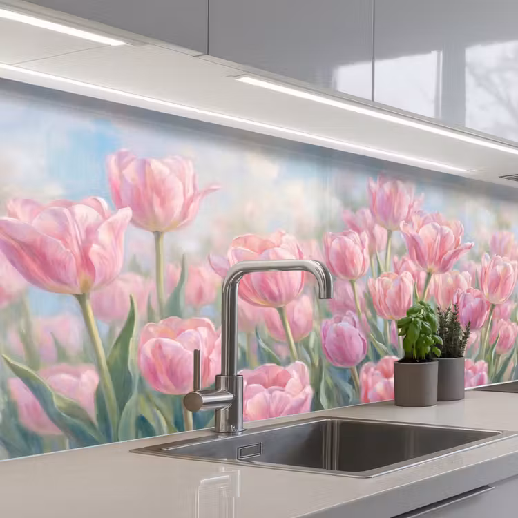 Keuken achterwand - Tulpen - Veld - Lente - Roze — 2