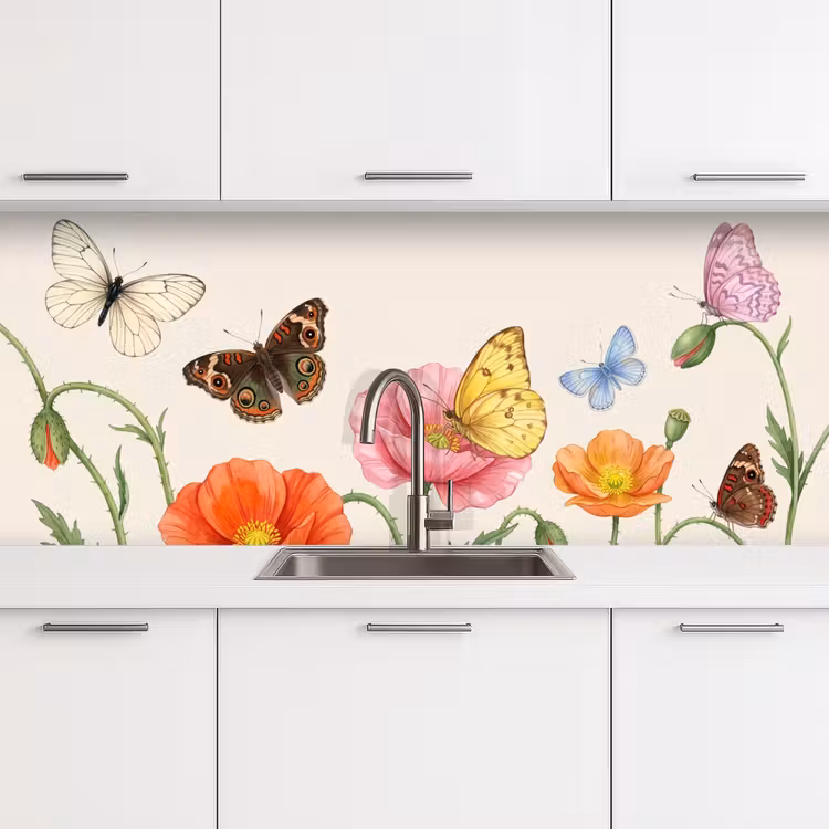 Keuken achterwand - Vlinders - Klaprozen - Illustratie - Kleurrijk — 4