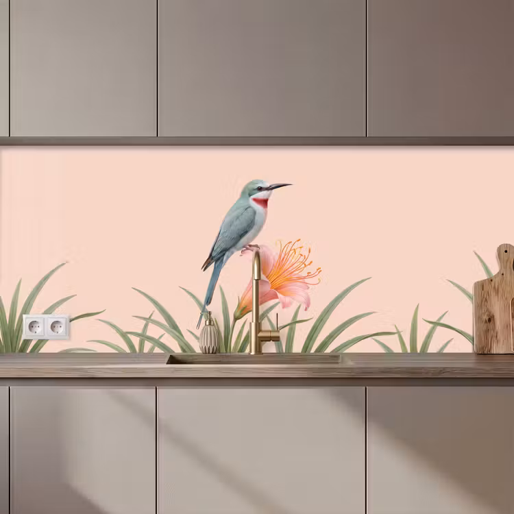 Keuken achterwand - Vogel - Bloem - Natuur - Roze — 1